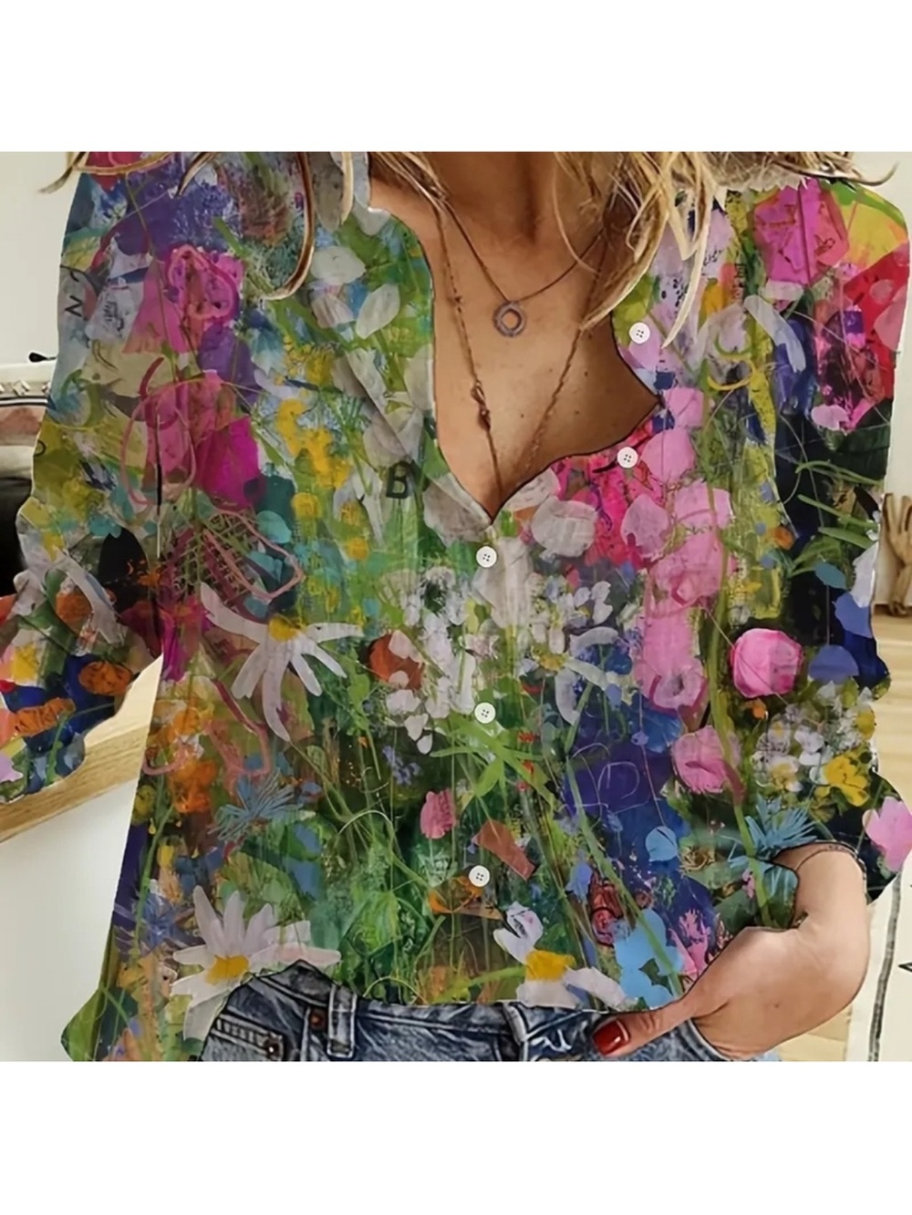 Floral Art-Print Button-Front Blouse in Multi Color NWOT